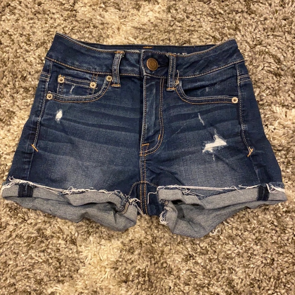 American Eagle AE Super Stretch Denim Jean Shorts Blue Mid High Rise Cuffed 0